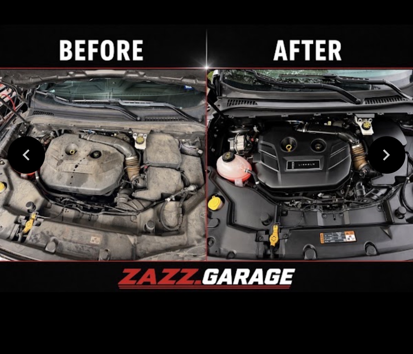 Zazz Garage engine-bay detailing before-and-after comparison