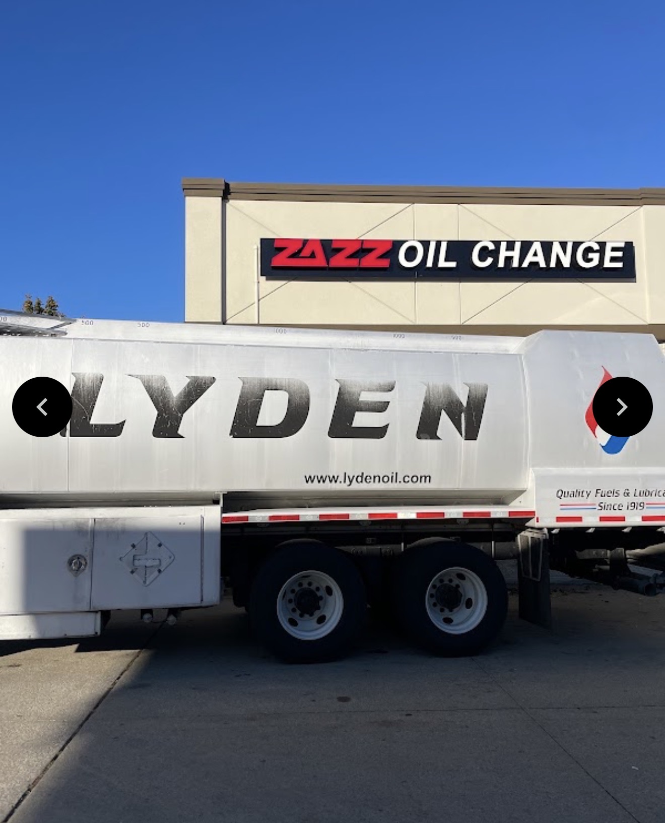 Lyden Oil delivery truck outside Zazz Oil Change